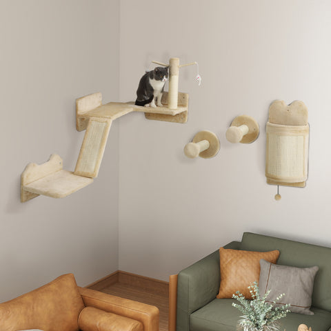 Prateiras de Parede para Gatos de 4 Peças Arranhador de Parede para Gatos com Postes de Sisal Plataforma de Salto e Bola de Brinquedo Bege