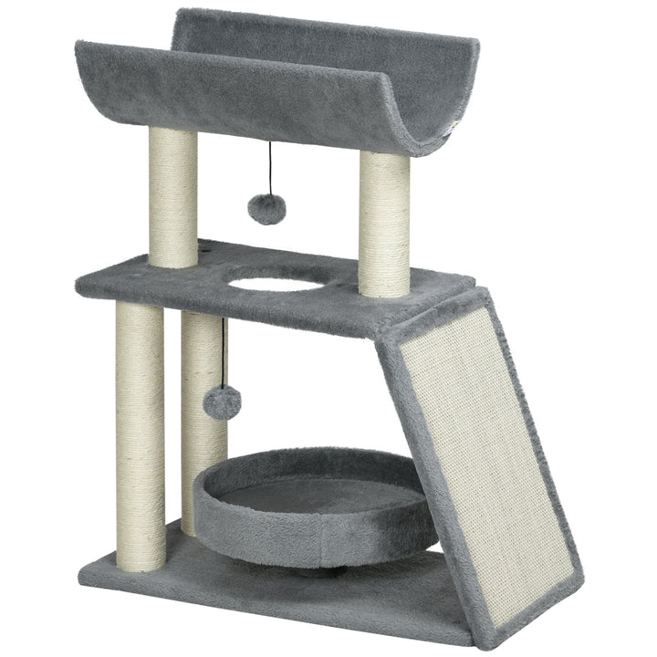 Arrador para Gatos Arranhador para Gatos Altura 76 cm com 4 Postes de Arranhar Cama Plataforma em U Almofada para Arranhar Bolas Suspensas Cinzento