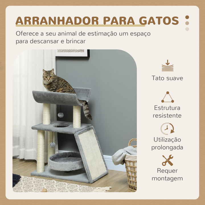 Arrador para Gatos Arranhador para Gatos Altura 76 cm com 4 Postes de Arranhar Cama Plataforma em U Almofada para Arranhar Bolas Suspensas Cinzento