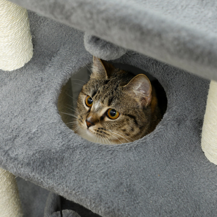 Arrador para Gatos Arranhador para Gatos Altura 76 cm com 4 Postes de Arranhar Cama Plataforma em U Almofada para Arranhar Bolas Suspensas Cinzento