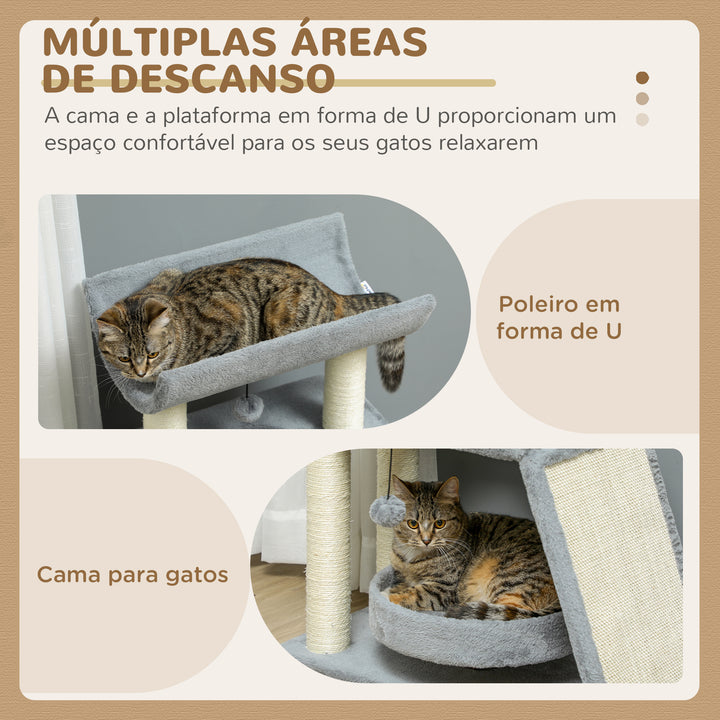 Arrador para Gatos Arranhador para Gatos Altura 76 cm com 4 Postes de Arranhar Cama Plataforma em U Almofada para Arranhar Bolas Suspensas Cinzento
