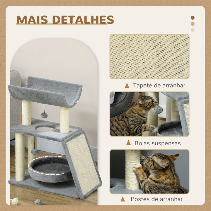 Arrador para Gatos Arranhador para Gatos Altura 76 cm com 4 Postes de Arranhar Cama Plataforma em U Almofada para Arranhar Bolas Suspensas Cinzento