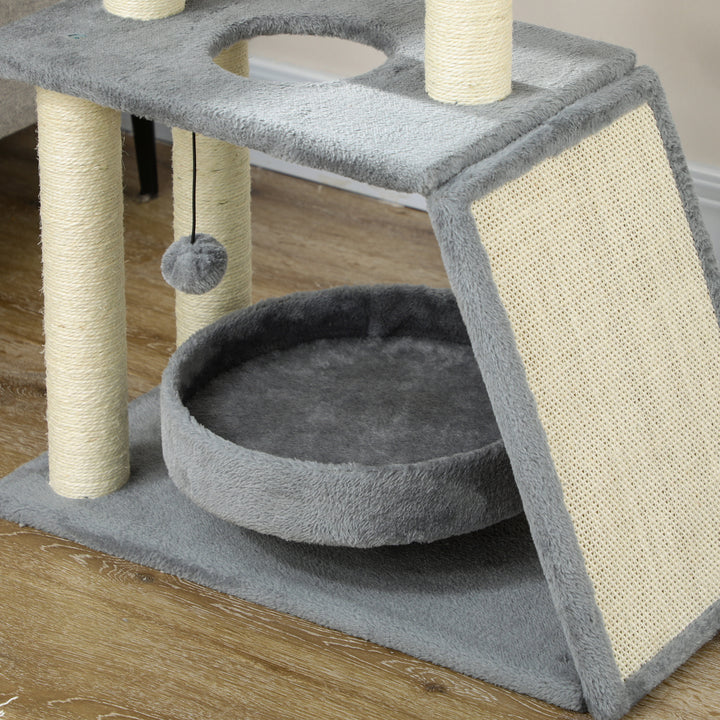 Arrador para Gatos Arranhador para Gatos Altura 76 cm com 4 Postes de Arranhar Cama Plataforma em U Almofada para Arranhar Bolas Suspensas Cinzento