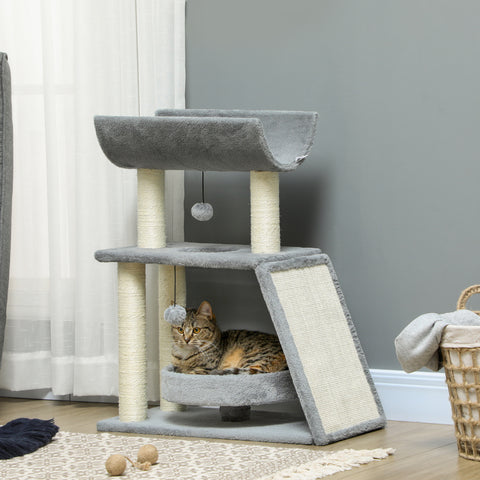 Arrador para Gatos Arranhador para Gatos Altura 76 cm com 4 Postes de Arranhar Cama Plataforma em U Almofada para Arranhar Bolas Suspensas Cinzento