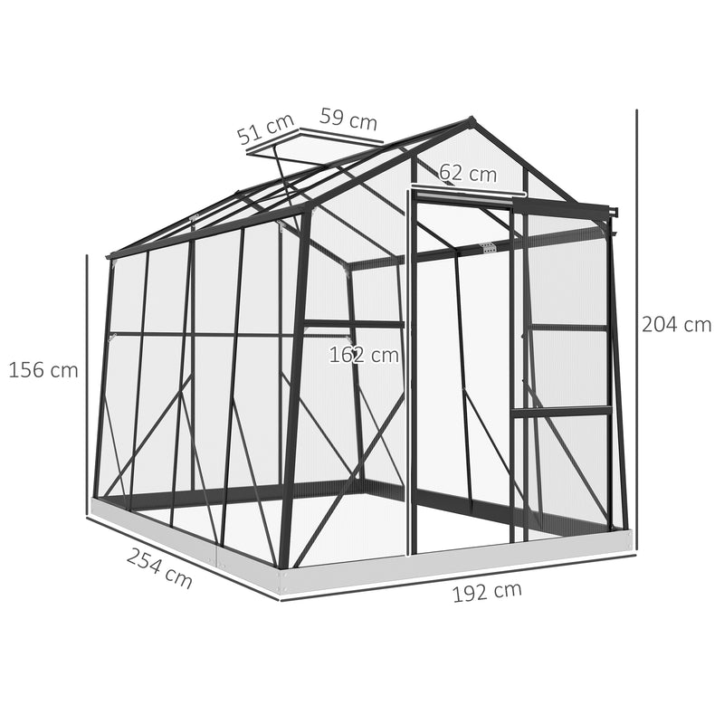 Estufa de Jardim de Policarbonato 2,54x1,92x2,04 m Estufa para Horta com Janela Ajustável em 5 Níveis Porta de Correr e Base para Cultivo de Plantas Flores Transparente e Preto