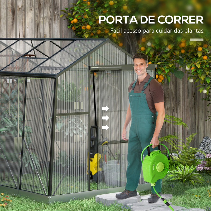 Estufa de Jardim de Policarbonato 2,54x1,92x2,04 m Estufa para Horta com Janela Ajustável em 5 Níveis Porta de Correr e Base para Cultivo de Plantas Flores Transparente e Preto