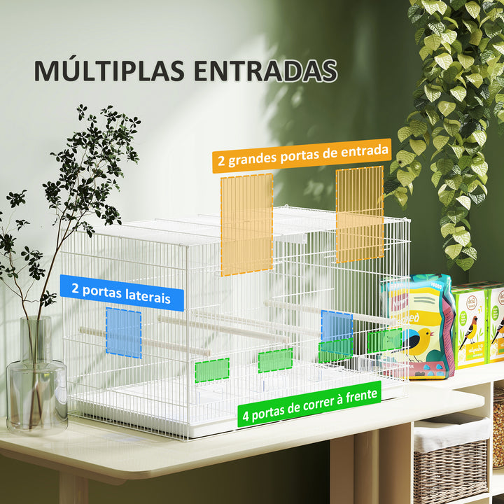 Gaiola para Pássaros com Divisória Gaiola para Aves com 4 Comedouros 4 Poleiros e Bandeja Amovível Gaiola para Canários Periquitos 76x46x46 cm Branco