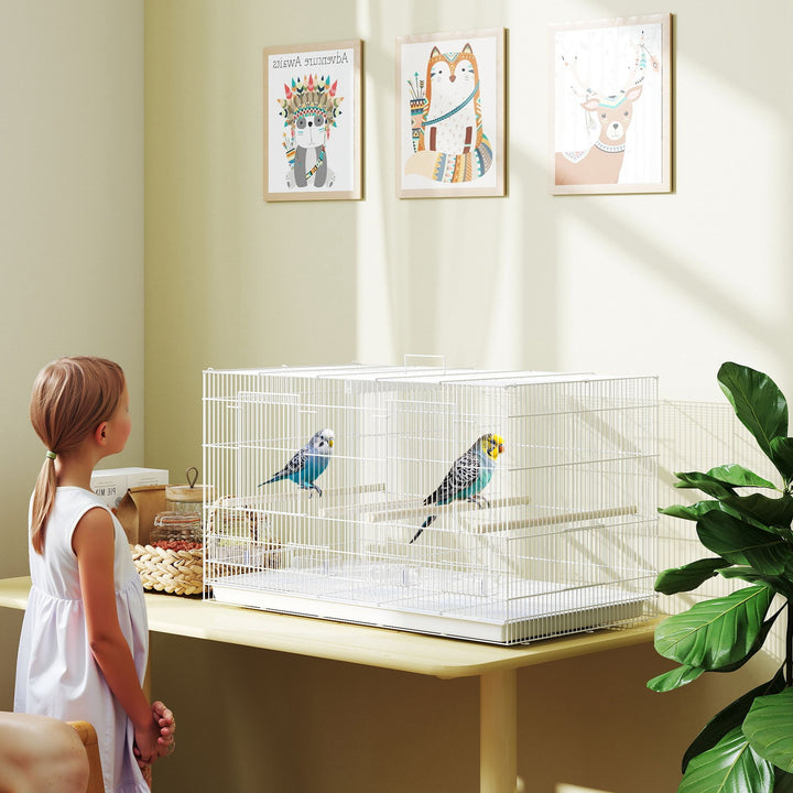 Gaiola para Pássaros com Divisória Gaiola para Aves com 4 Comedouros 4 Poleiros e Bandeja Amovível Gaiola para Canários Periquitos 76x46x46 cm Branco