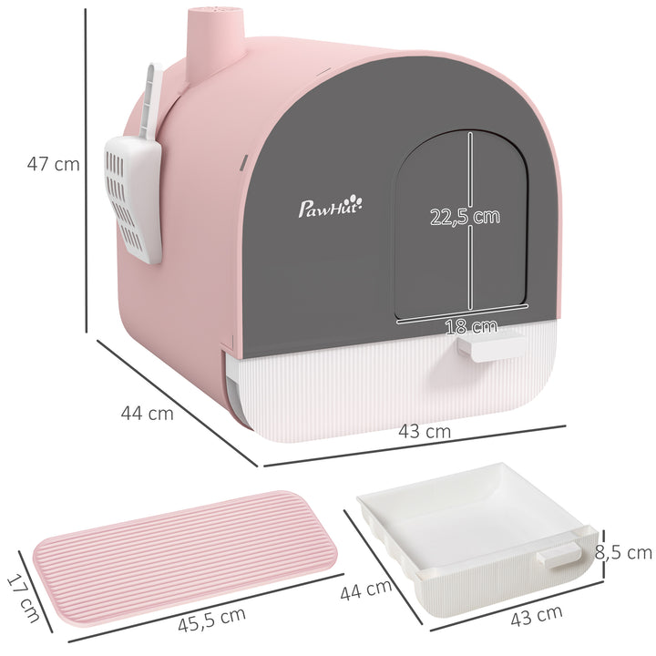 Caixa de Areia para Gatos Caixa de Areia Fechada para Gatos com Porta Dianteira Bandeja Removível Pá Tapete e Filtro 43x44x47 cm Rosa