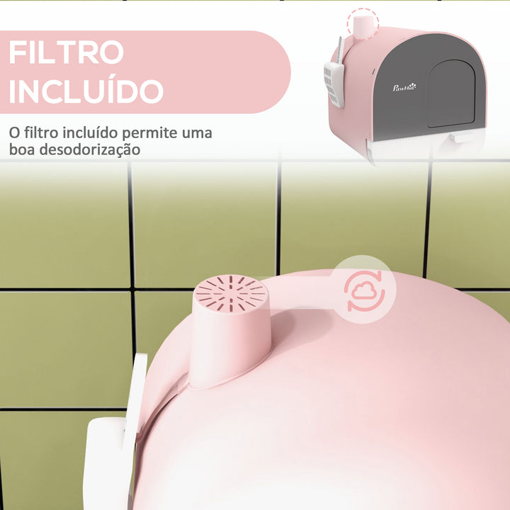 Caixa de Areia para Gatos Caixa de Areia Fechada para Gatos com Porta Dianteira Bandeja Removível Pá Tapete e Filtro 43x44x47 cm Rosa