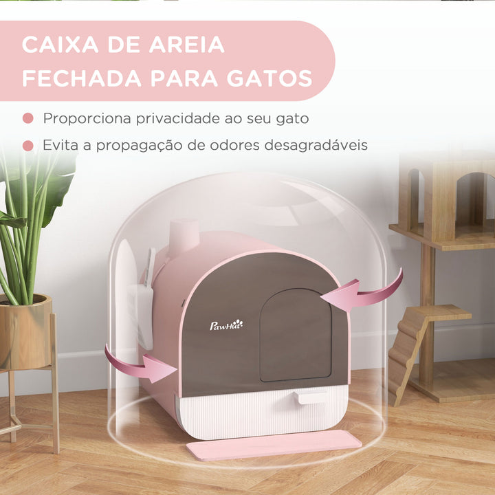 Caixa de Areia para Gatos Caixa de Areia Fechada para Gatos com Porta Dianteira Bandeja Removível Pá Tapete e Filtro 43x44x47 cm Rosa