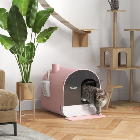 Caixa de Areia para Gatos Caixa de Areia Fechada para Gatos com Porta Dianteira Bandeja Removível Pá Tapete e Filtro 43x44x47 cm Rosa