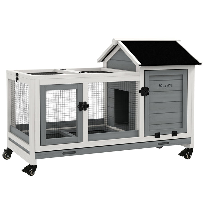 Coelheira de Madeira com Rodas 108x58x73,5cm Gaiola para 1-2 Coelhos com Teto Abatível Cerca Metálica Bandeja Amovível Portas com Trava e Rampa Marrom Cinza e Branco