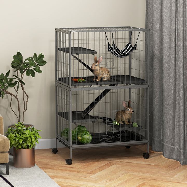 Gaiola para Roedores 80x52x128 cm Casa de 4 Alturas com Rampas Suspensa Rede Bandeja Removível Rodas Portas Cinza Prateado