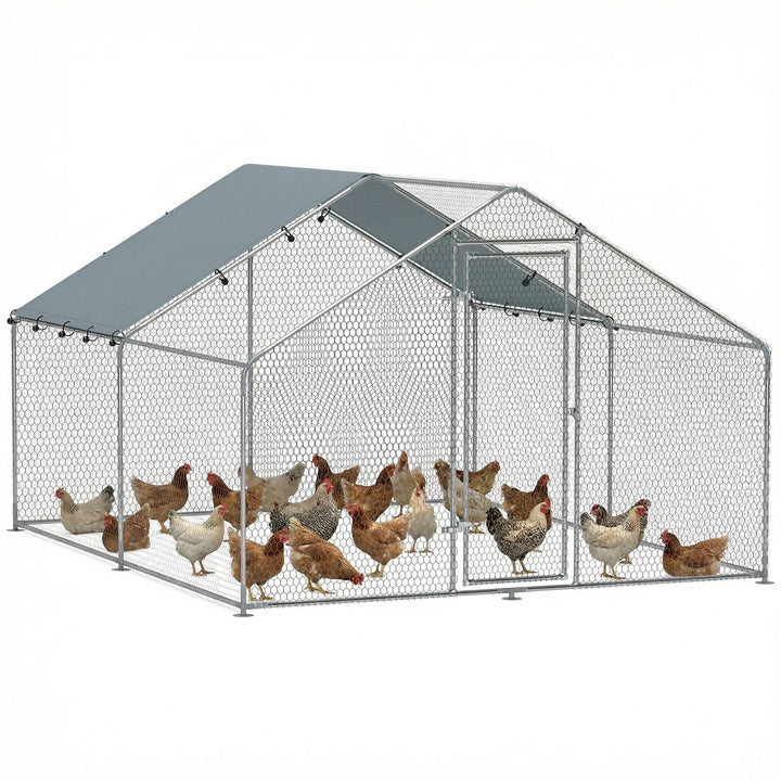 Galinheiro para Exterior 3x3,4x1,9 m Galinheiro de Aço Galvanizado com Cobertura Anti-UV e Impermeável Gaiola para 10-15 Galinhas Prata