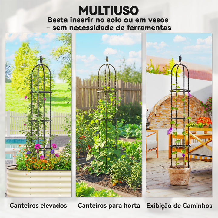 Conjunto de 2 Obeliscos de Jardim em Aço 1,74 m Treliças para Plantas Trepadeiras Rosas Frutas Legumes Suportes Decorativos para Exterior Pátio Terraço Preto