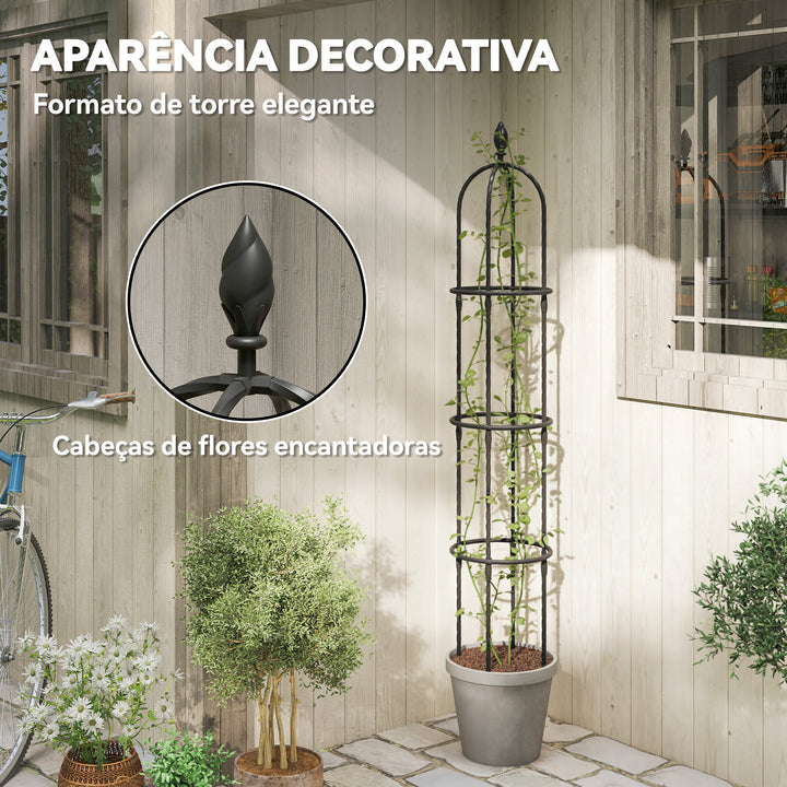 Conjunto de 2 Obeliscos de Jardim em Aço 1,74 m Treliças para Plantas Trepadeiras Rosas Frutas Legumes Suportes Decorativos para Exterior Pátio Terraço Preto