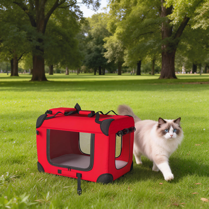 Transportadora Dobrável para Cães 60x41,5x41 cm com Janelas de Rede Almofada Macia e 2 Alças Bolsa para Mini Cães e Gatos Vermelho
