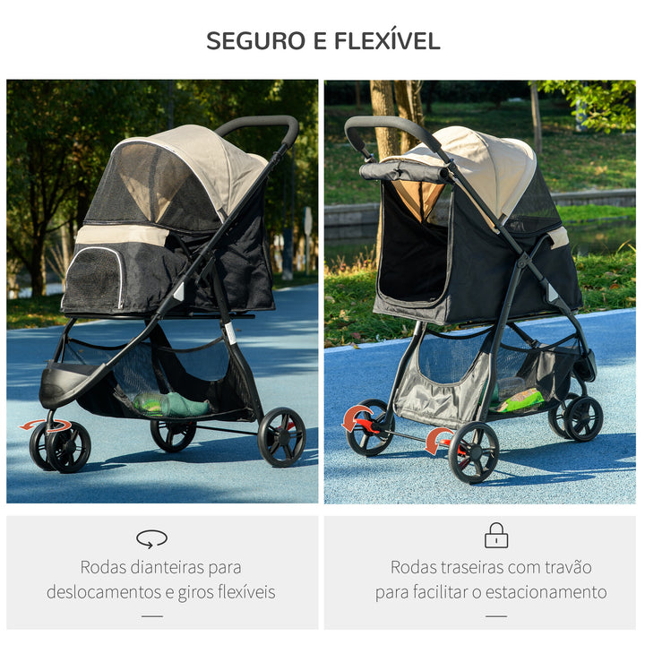 Carrinho para Cães Dobrável Carrinho para Animais de Estimação Carrinho para Cães Pequenos com Cesta de Armazenamento Janela de Malha Capa para Chuva e 2 Rodas Universais 80,5x51,5x100 cm Caqui
