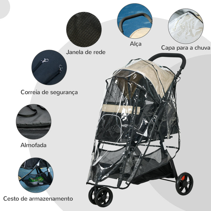 Carrinho para Cães Dobrável Carrinho para Animais de Estimação Carrinho para Cães Pequenos com Cesta de Armazenamento Janela de Malha Capa para Chuva e 2 Rodas Universais 80,5x51,5x100 cm Caqui