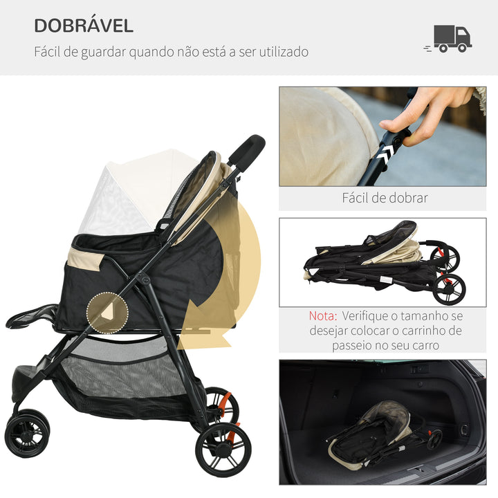 Carrinho para Cães Dobrável Carrinho para Animais de Estimação Carrinho para Cães Pequenos com Cesta de Armazenamento Janela de Malha Capa para Chuva e 2 Rodas Universais 80,5x51,5x100 cm Caqui