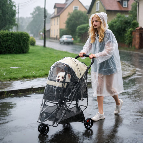 Carrinho para Cães Dobrável Carrinho para Animais de Estimação Carrinho para Cães Pequenos com Cesta de Armazenamento Janela de Malha Capa para Chuva e 2 Rodas Universais 80,5x51,5x100 cm Caqui