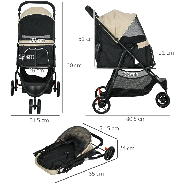 Carrinho para Cães Dobrável Carrinho para Animais de Estimação Carrinho para Cães Pequenos com Cesta de Armazenamento Janela de Malha Capa para Chuva e 2 Rodas Universais 80,5x51,5x100 cm Caqui