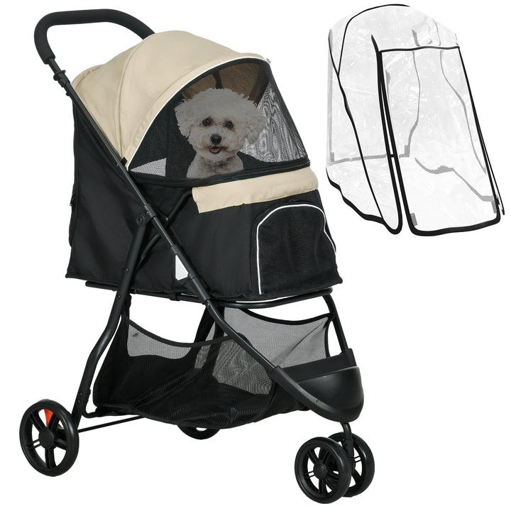 Carrinho para Cães Dobrável Carrinho para Animais de Estimação Carrinho para Cães Pequenos com Cesta de Armazenamento Janela de Malha Capa para Chuva e 2 Rodas Universais 80,5x51,5x100 cm Caqui