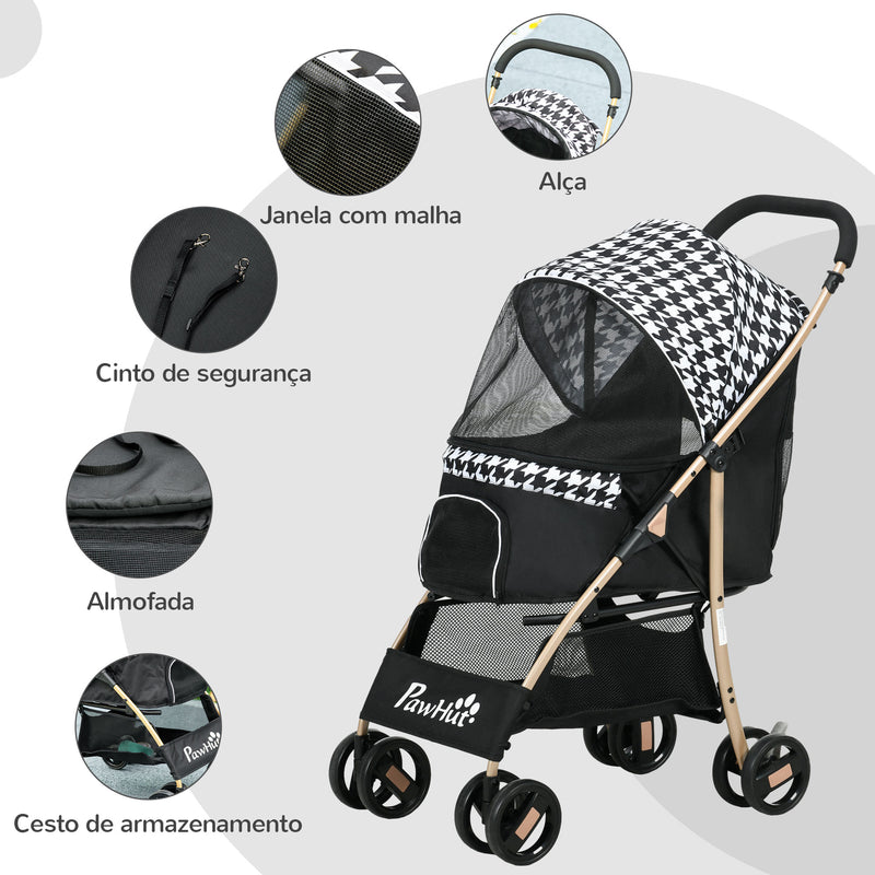 Carrinho para Cães Carrinho para Animais de Estimação com 2 Entradas Janela de Malha Cesta de Armazenamento Cinto de Segurança e Almofada 80x44,5x97 cm Preto