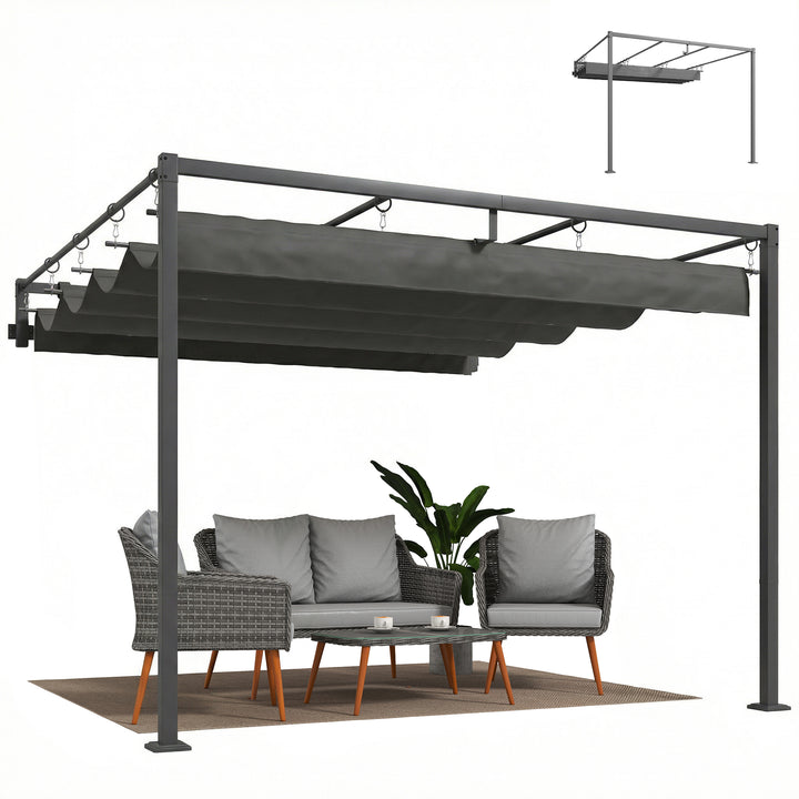 Pérgola de Parede para Jardim 3x3 m Pérgola de Jardim com Teto Retrátil Proteção UPF30+ Orifícios de Drenagem e Estrutura de Aço Pérgola para Terraço Exterior Cinzento Escuro