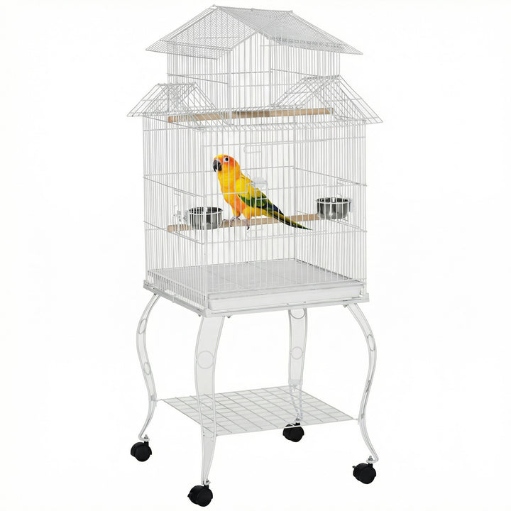 Gaiola para Pássaros com Rodas Gaiola Grande com Suporte 50x49x137cm com Bandeja Amovível Portas Comedouro Poleiro e Prateleira Inferior para Canários Periquitos Branco