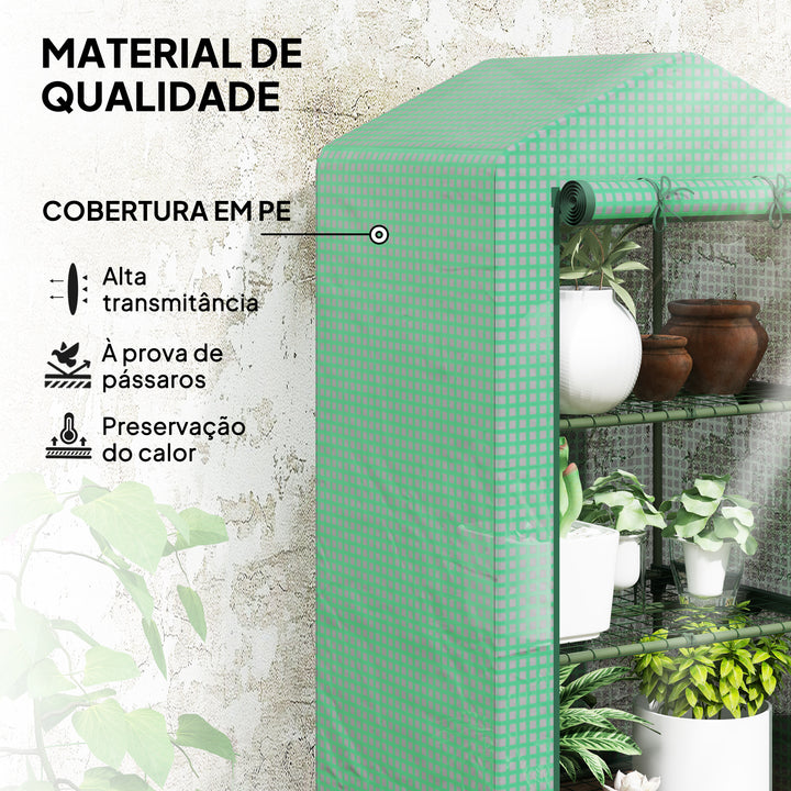 Estufa de Jardim de 3 Níveis Estufa de Exterior com 3 Prateleiras Porta Enrolável Estrutura Metálica Cobertura de PE Anti-UV Impermeável para Varanda e Terraço 69x49x125 cm Verde
