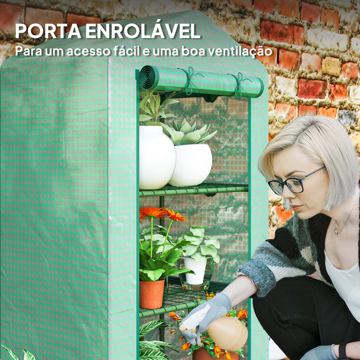 Estufa de Jardim de 3 Níveis Estufa de Exterior com 3 Prateleiras Porta Enrolável Estrutura Metálica Cobertura de PE Anti-UV Impermeável para Varanda e Terraço 69x49x125 cm Verde