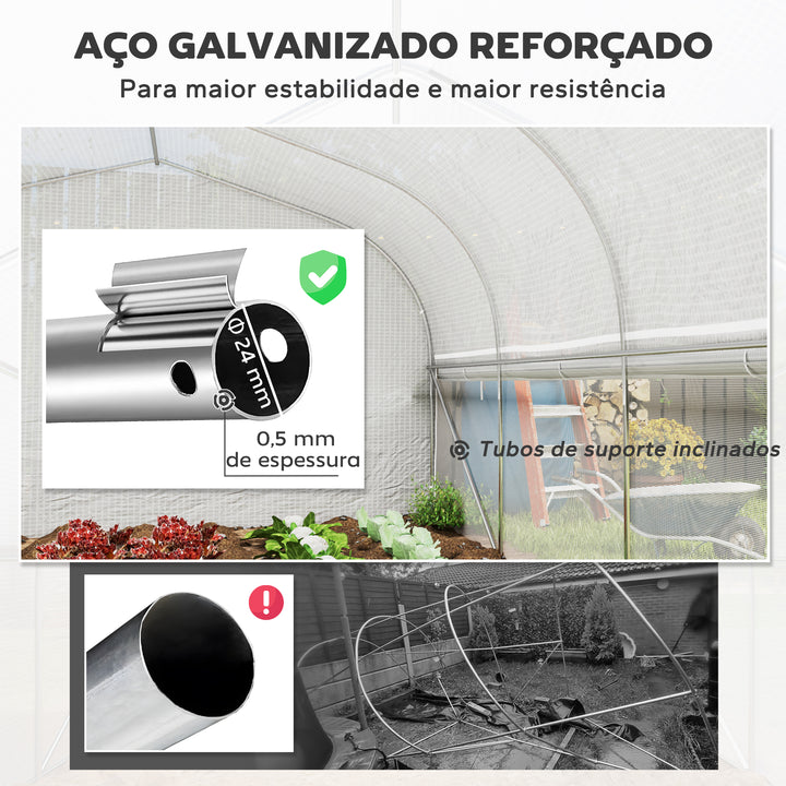 Estufa tipo Túnel 6x3x2 m Estufa de Exterior com 8 Janelas Cobertura de PE Anti UV e Porta Enrolável com Fecho de Correr Paredes Laterais com Malha Branco