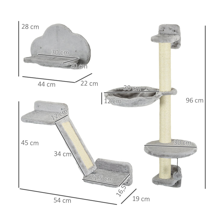Conjunto de Prateleiras de Escalada para Gatos de 3 Peças Prateleiras de Parede para Gatos com Rede Rampa Arranhador Plataforma em Forma de Nuvem para Saltar Cinzento