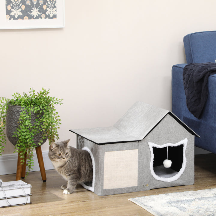 Casa para Gatos Cama para Gatos Interior com Almofada para Arranhar Almofada Macia e Bola Suspensa 65x41x45,5 cm Cinza