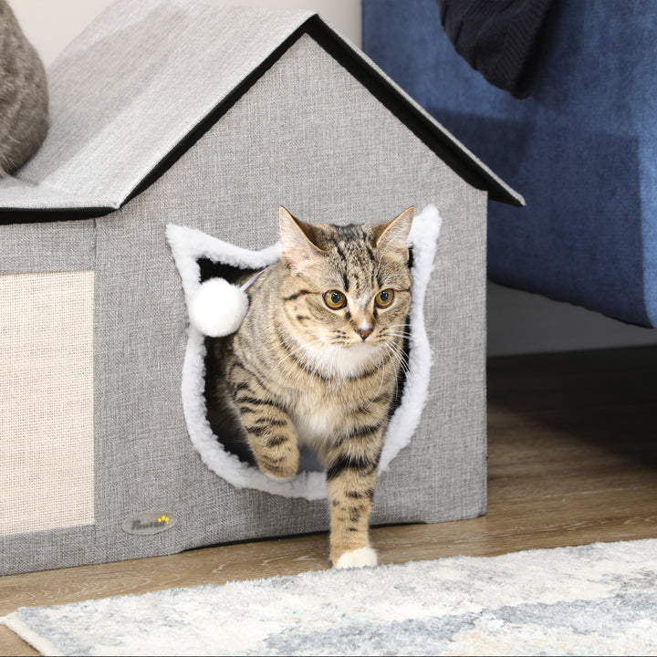Casa para Gatos Cama para Gatos Interior com Almofada para Arranhar Almofada Macia e Bola Suspensa 65x41x45,5 cm Cinza