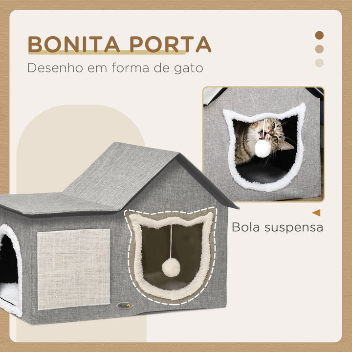 Casa para Gatos Cama para Gatos Interior com Almofada para Arranhar Almofada Macia e Bola Suspensa 65x41x45,5 cm Cinza