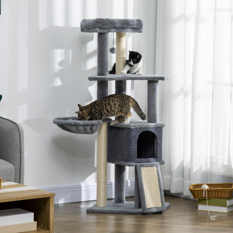 Arranhador para Gatos 127 cm Torre Escalador com Caverna Rede Cama Plataformas Rampa de Sisal Bola Pendurada Cinza