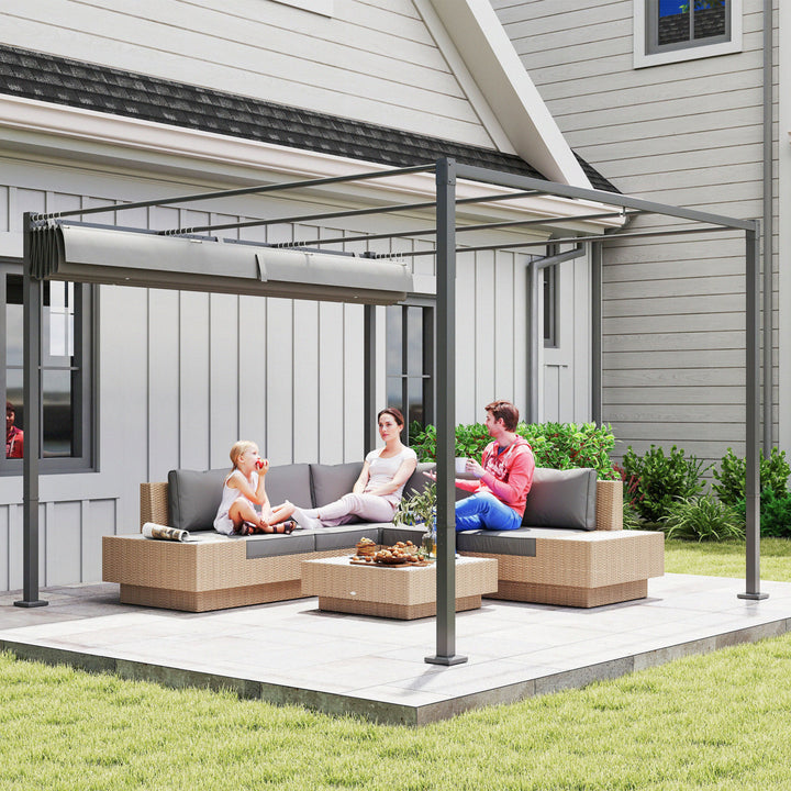 Pérgola com Telhado Retrátil Pérgola de 3x3 m Pérgola de Parede ou Independente com Fecho Magnético Proteção UV30+ Pérgola para Jardim Terraço Exterior Cinzento
