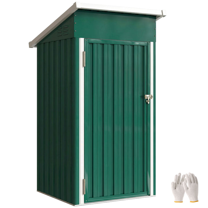 Abrigo Exterior Metálico 107,5x91x185 cm Abrigo de Jardim com Teto Inclinado Porta com Trinco Ventilação e Luvas Abrigo de Armazenamento para Ferramentas Verde