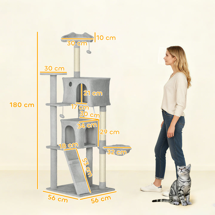 Arranhador para Gatos 180 cm Torre de Escalada com Múltiplas Plataformas Cama 2 Cavernas Rede Escada Postes de Sisal Bolas para Brincar Cinza