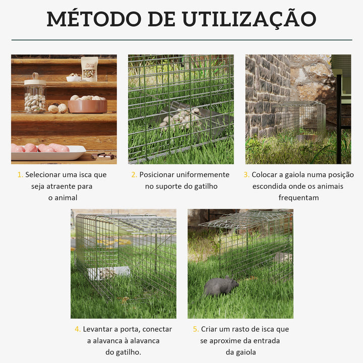 Armadilha para Animais Vivos Dobrável 81x26x34,5 cm Gaiola de Captura com Porta e Alça para Coelhos Roedores Prata