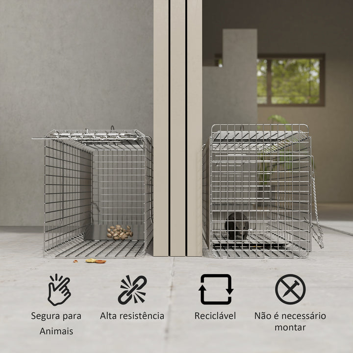 Armadilha para Animais Vivos Dobrável 81x26x34,5 cm Gaiola de Captura com Porta e Alça para Coelhos Roedores Prata