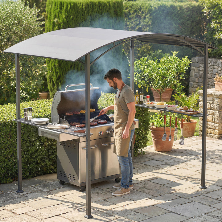 Toldo para Jardim 2,4 x 1,5 m Estrutura de Aço com 2 Prateleiras Laterais Telhado Resistente às Intempéries Ganchos para Jardim Terraço Exterior Camping e BBQ Cinzento Escuro