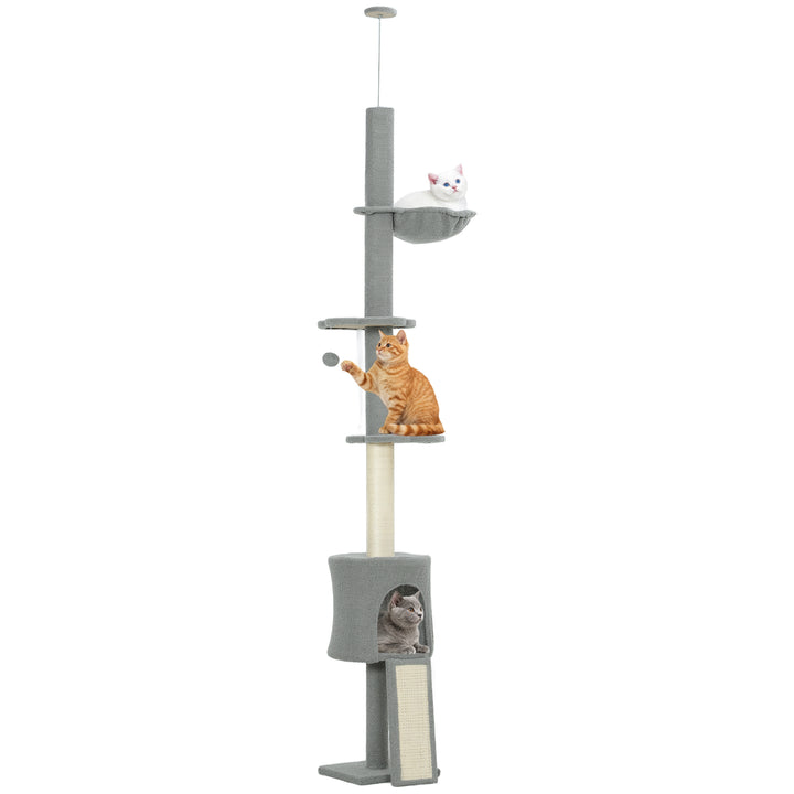 Arranhador para Gatos de Chão a Teto Altura Ajustável de 220-240 cm Torre para Gatos com Rede Plataformas em Flor Cavernas Rampa e Bola Cinza Claro