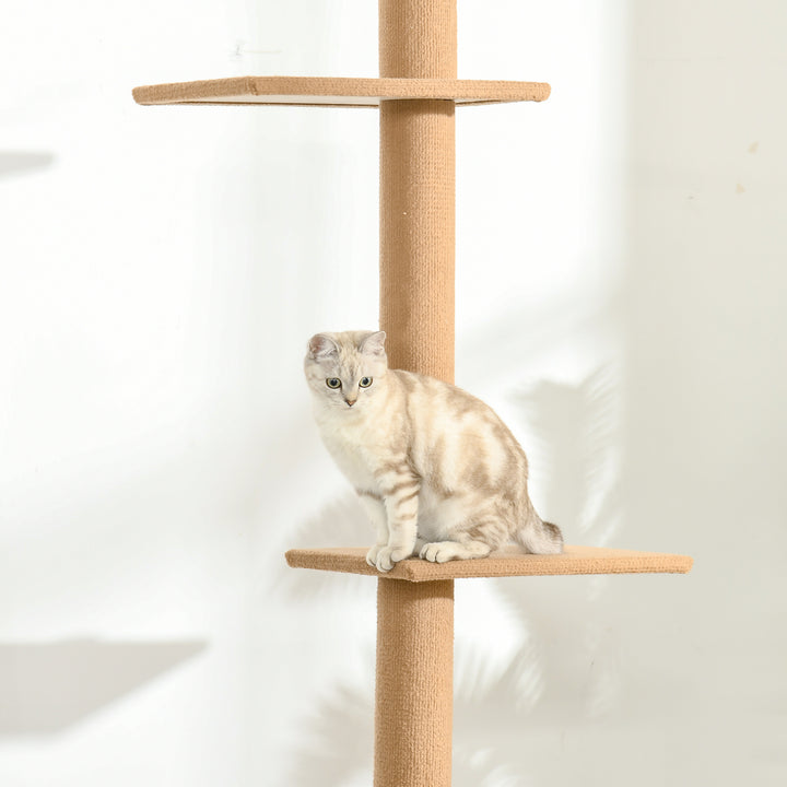 Arranhador para Gatos de Chão ao Teto 43x27x228-260 cm Torre para Gatos com Altura Ajustável 4 Plataformas e Poste de Sisal Marrom Claro