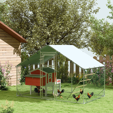 Galinheiro para Exterior 3x2 m Galinheiro de Aço Galvanizado com Comedouro Suspenso Tipo Espeto Poleiro Cobertura Anti-UV e Impermeável para Coelhos Patos Gansos Prata