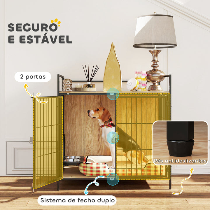 Gaiola para Cães Mesa Auxiliar Moderna Casa para Animais de Estimação com Suporte Giratório com 2 Tigelas 2 Portas e Bancada para Cães Médios 80x56x76,5 cm Madeira e Preto