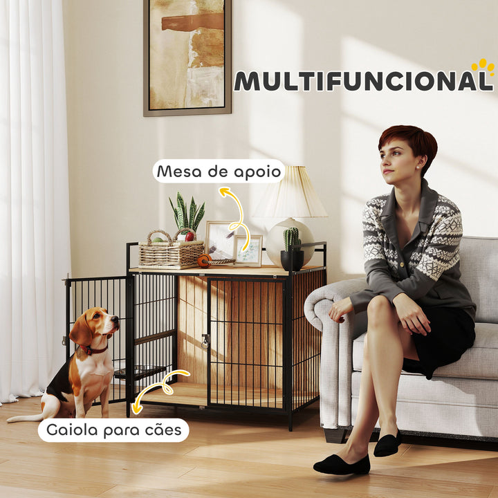 Gaiola para Cães Mesa Auxiliar Moderna Casa para Animais de Estimação com Suporte Giratório com 2 Tigelas 2 Portas e Bancada para Cães Médios 80x56x76,5 cm Madeira e Preto